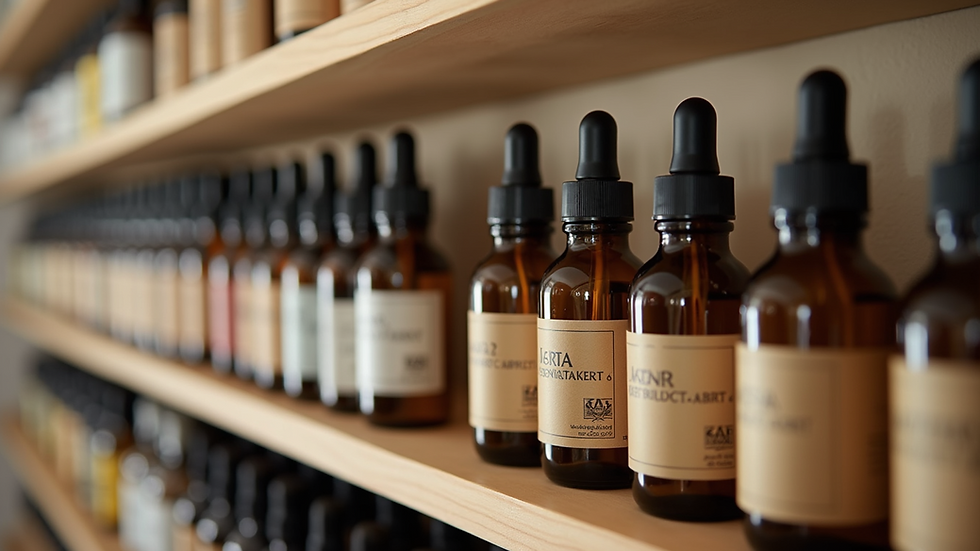 Eye-level view of a shelf displaying essential oils for hair care