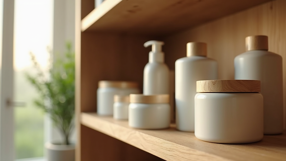 Eye-level view of biodegradable beauty products displayed on a wooden shelf
