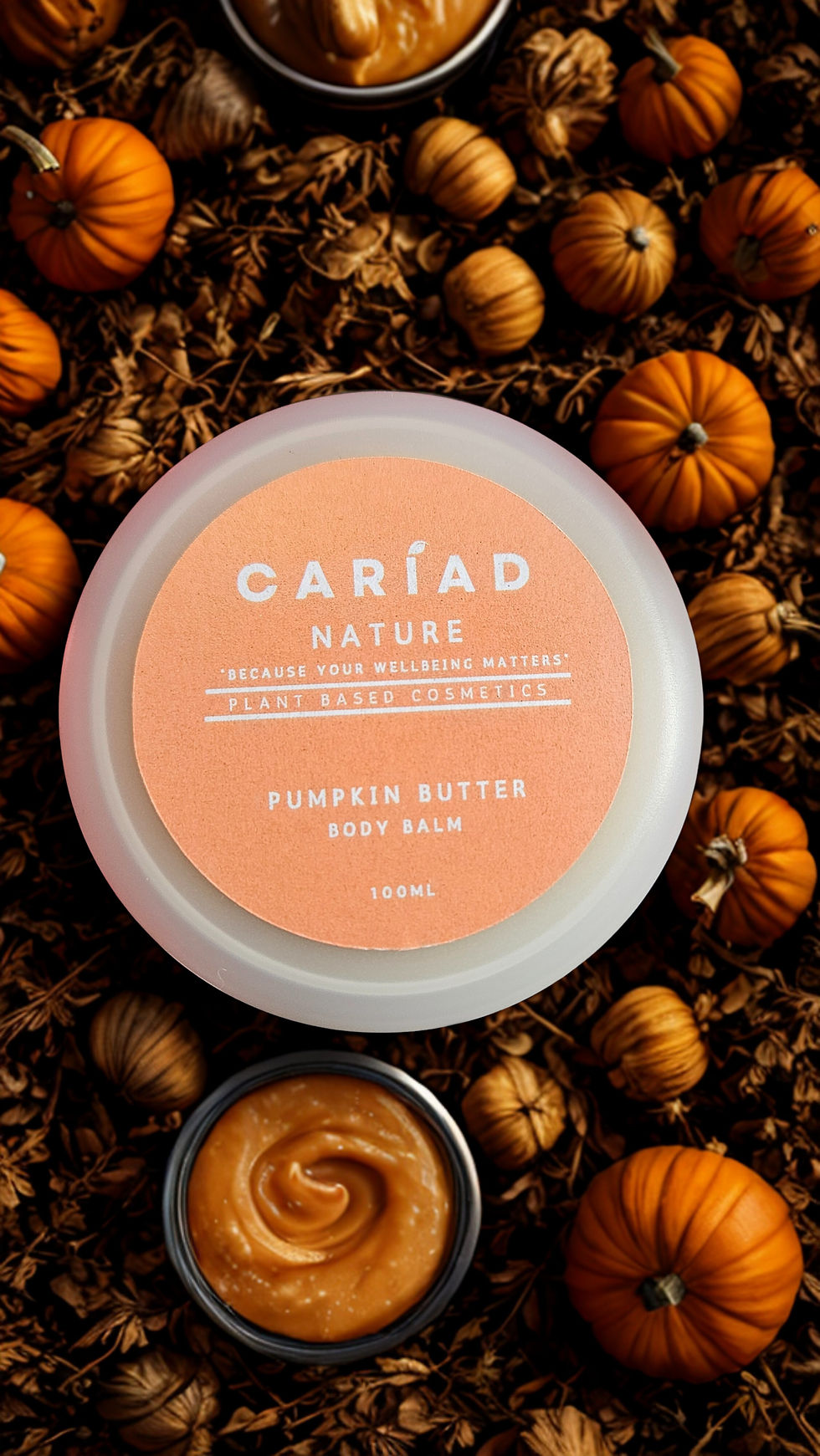 CARIAD NATURE Pumpkin Body Butter, product shot with pumpkins, natural body butter.