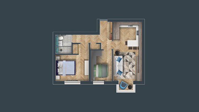 Reading, 2 bedroom flat rendered floor plan with space planning and furniture layout