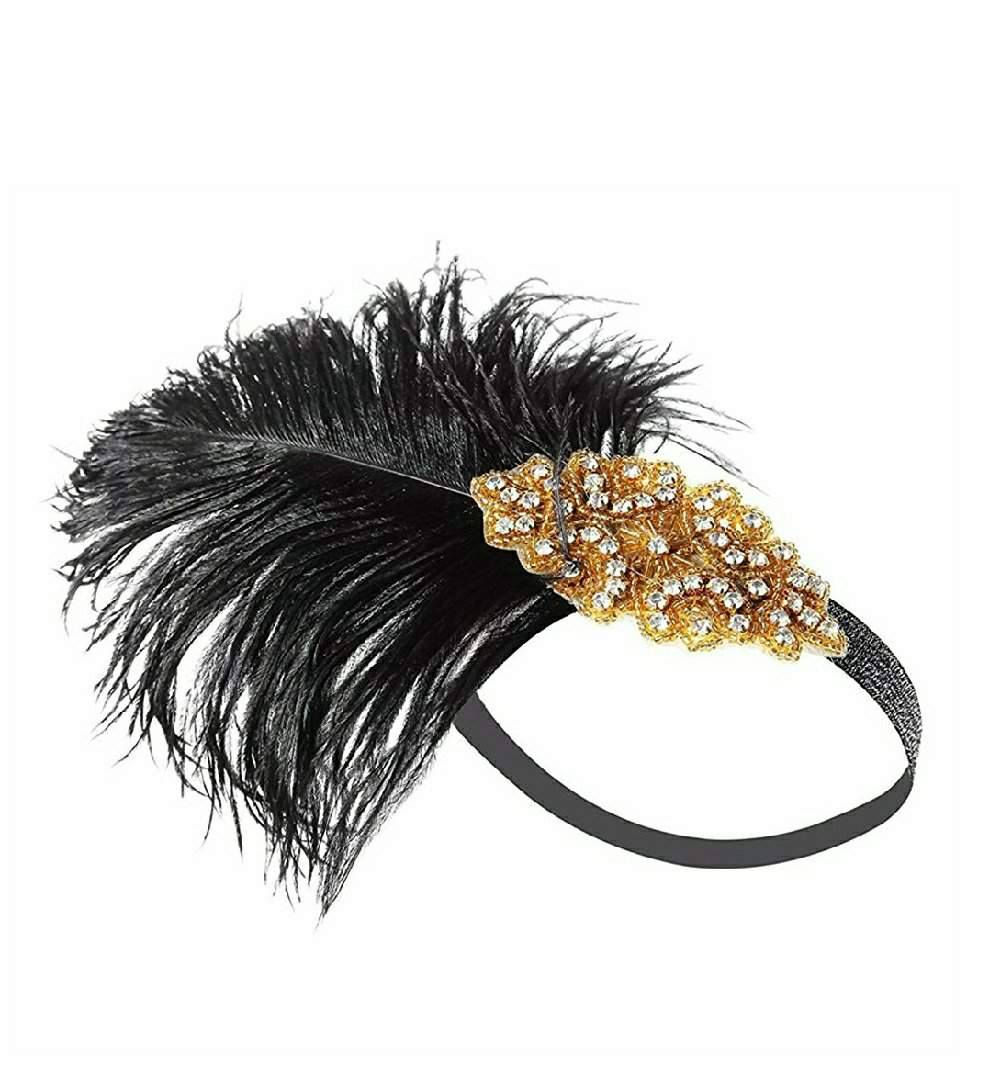 Vintage Black Feather Gold 20's Head Piece