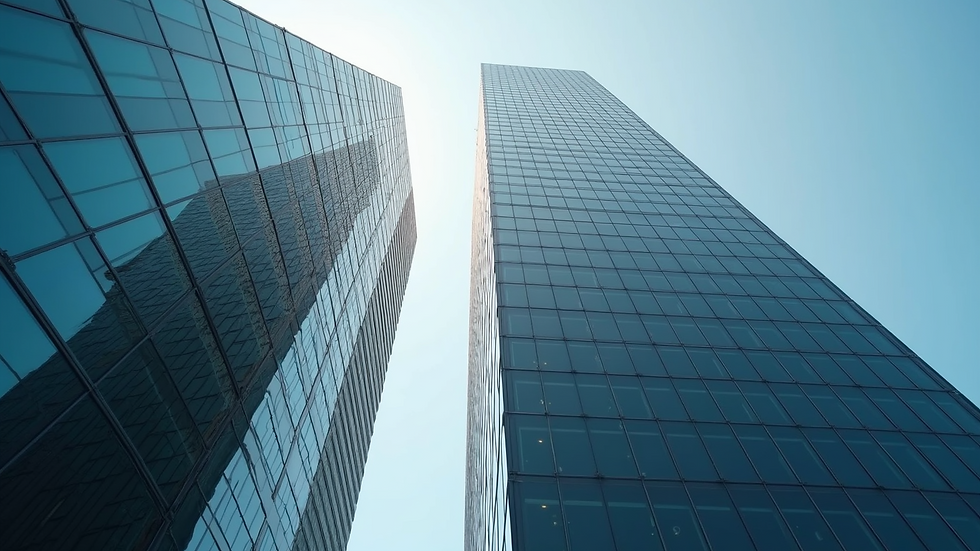 Eye-level view of a modern office building representing a financial corporation