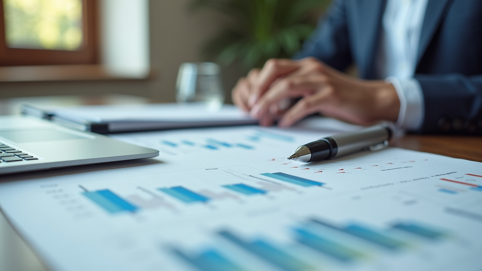 Close-up view of a conference table with financial charts and a pen