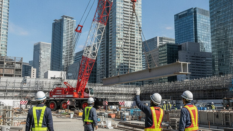 東京の街並みを背景に移動式クレーンで作業する重量鳶