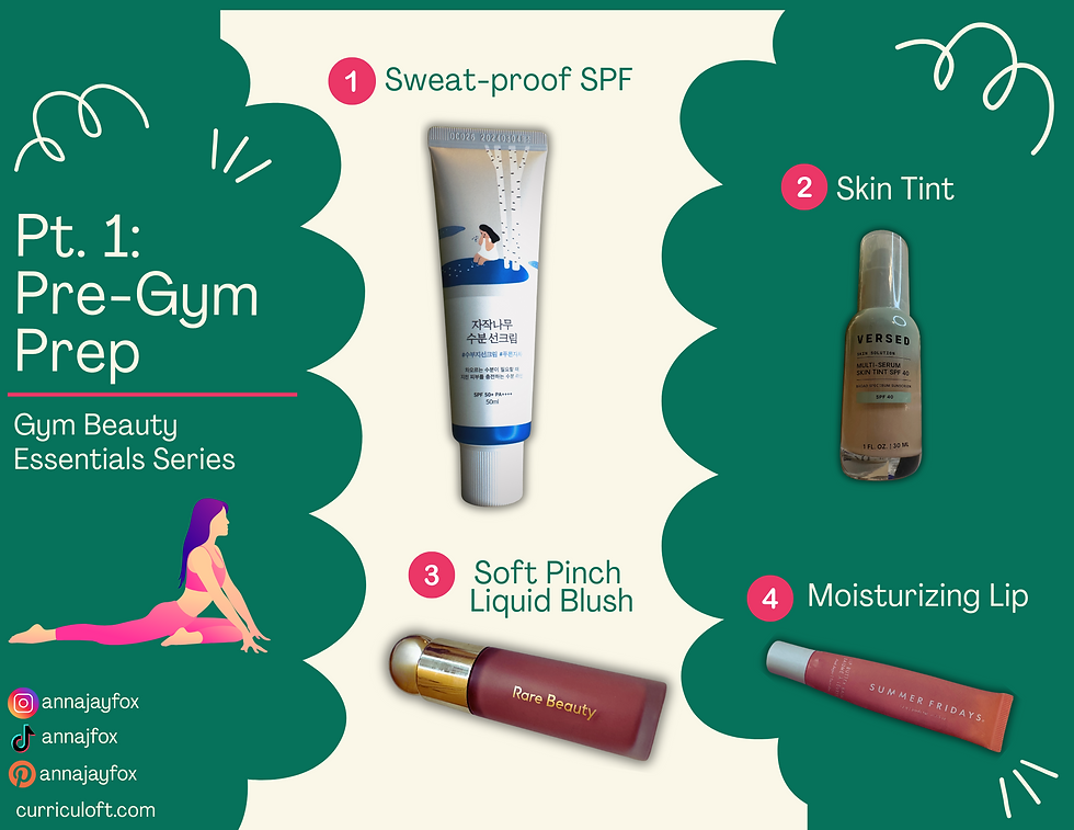 Stay polished and protected with these pre-gym beauty essentials: sweat-proof SPF, skin tint, soft pinch liquid blush, and moisturizing lip balm. Perfect for an effortless gym look!