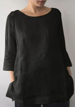 Solid 3/4 Sleeve Keyhole Back Slit Crew Neck Blouse.JPG