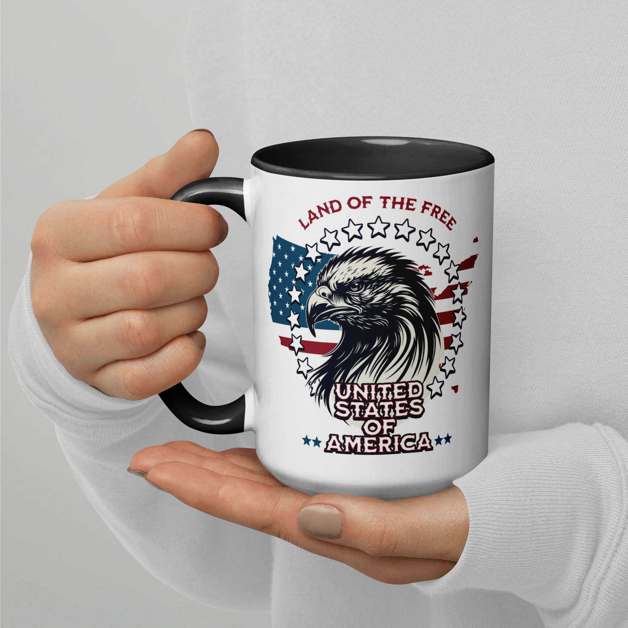 Patriotic Coffee Mug with Bald Eagle - handle in right hand
