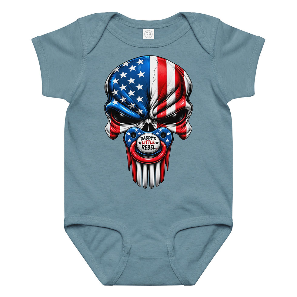 Thumbnail: Front view of a light blue onesie with Punisher colored in the American Flag sucking on a pacifier
