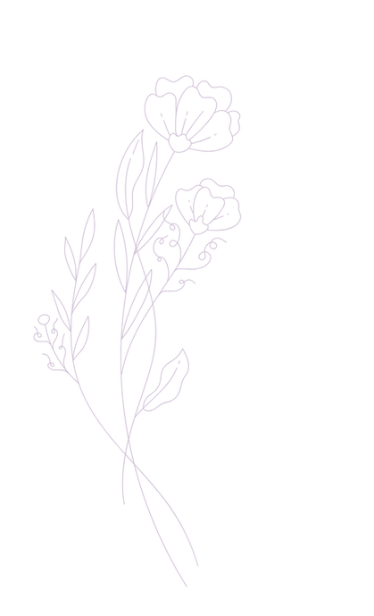 A delicate light purple drawing of a blooming flower and leaves leaning toward the right, symbolizing the growth and unfolding of the therapeutic process and inviting the viewer to connect with Gaia Somasca, LMFT, for a free 15-20 minute consultation.
