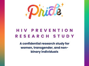 Pride-themed image promoting an HIV prevention study for women, transgender, and non-binary individuals. Text on white with rainbow border.