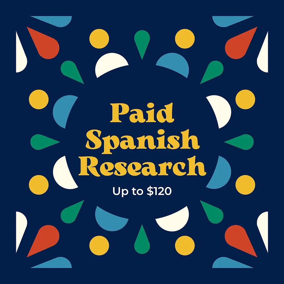 Paid Spanish Research ad with colorful geometric shapes on a dark blue background, offering up to $120.