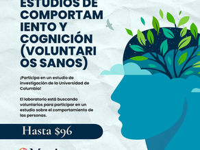 Texto sobre estudios de comportamiento, imagen de perfil humano con hojas. Fondo claro, logo de Maximus, invitación a voluntarios.