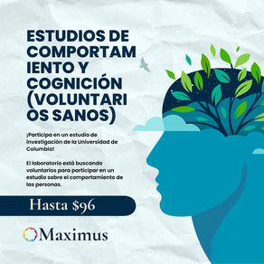 Texto sobre estudios de comportamiento, imagen de perfil humano con hojas. Fondo claro, logo de Maximus, invitación a voluntarios.