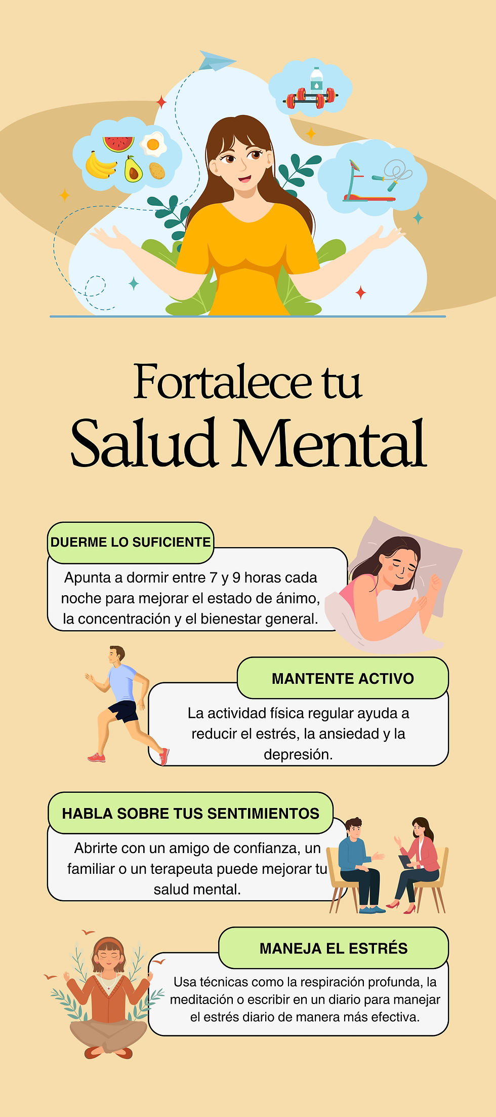 Mujer meditando con consejos para la salud mental: dormir, mantenerse activo, conversar, controlar el estrés. Iconos de alimentación, ejercicio y relajación.