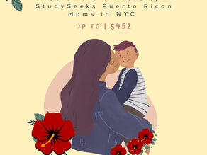 Mother holding child in a warm embrace with red flowers. Flags and text: Columbia University study for Puerto Rican moms in NYC, up to $452.
