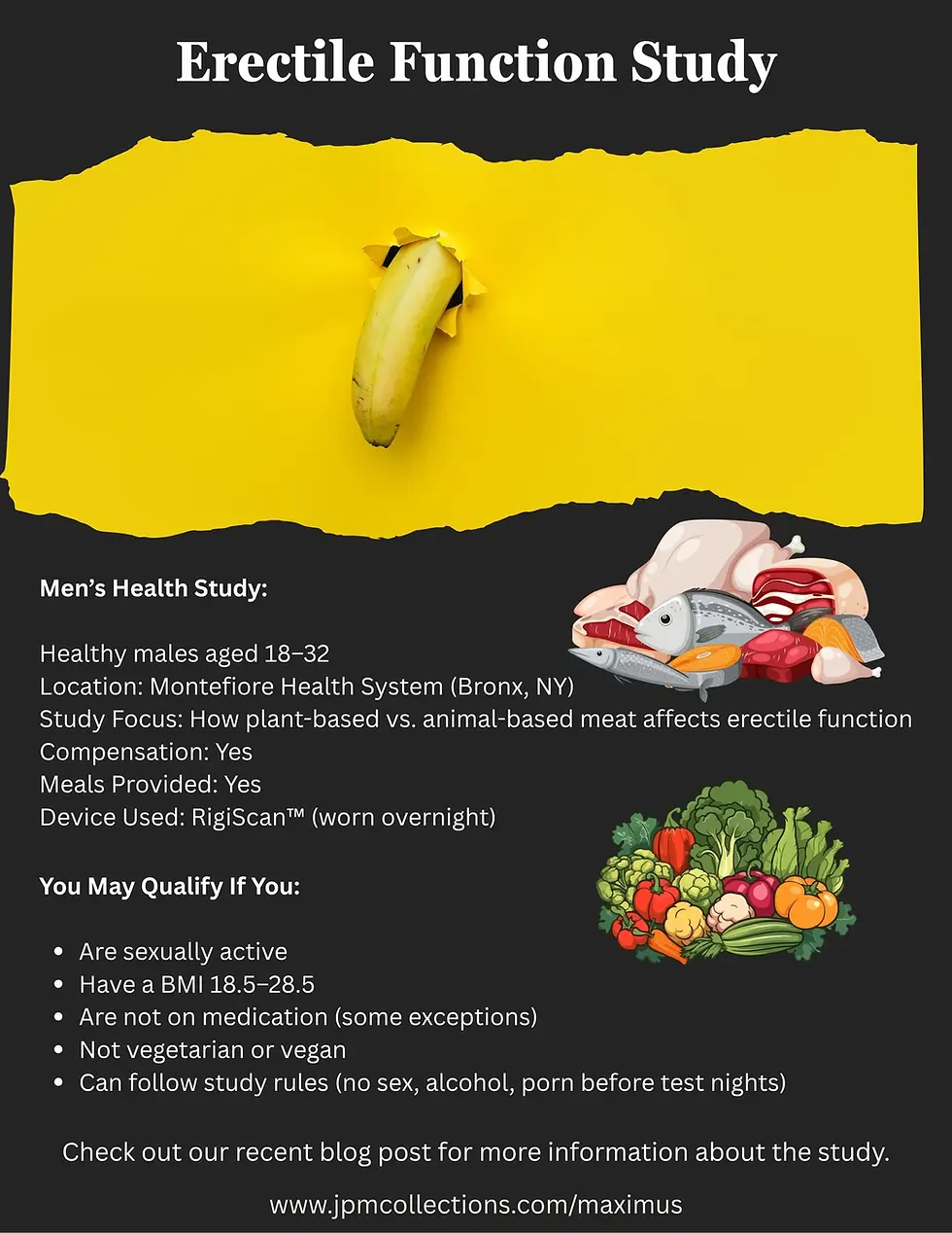 Yellow background with a banana. Text: Erectile Function Study details. Graphics of meats and veggies. Website link provided.
