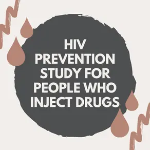 Dark circle with text "HIV Prevention Study for People Who Inject Drugs" in white. Brown drop shapes and zigzags on a light background.
