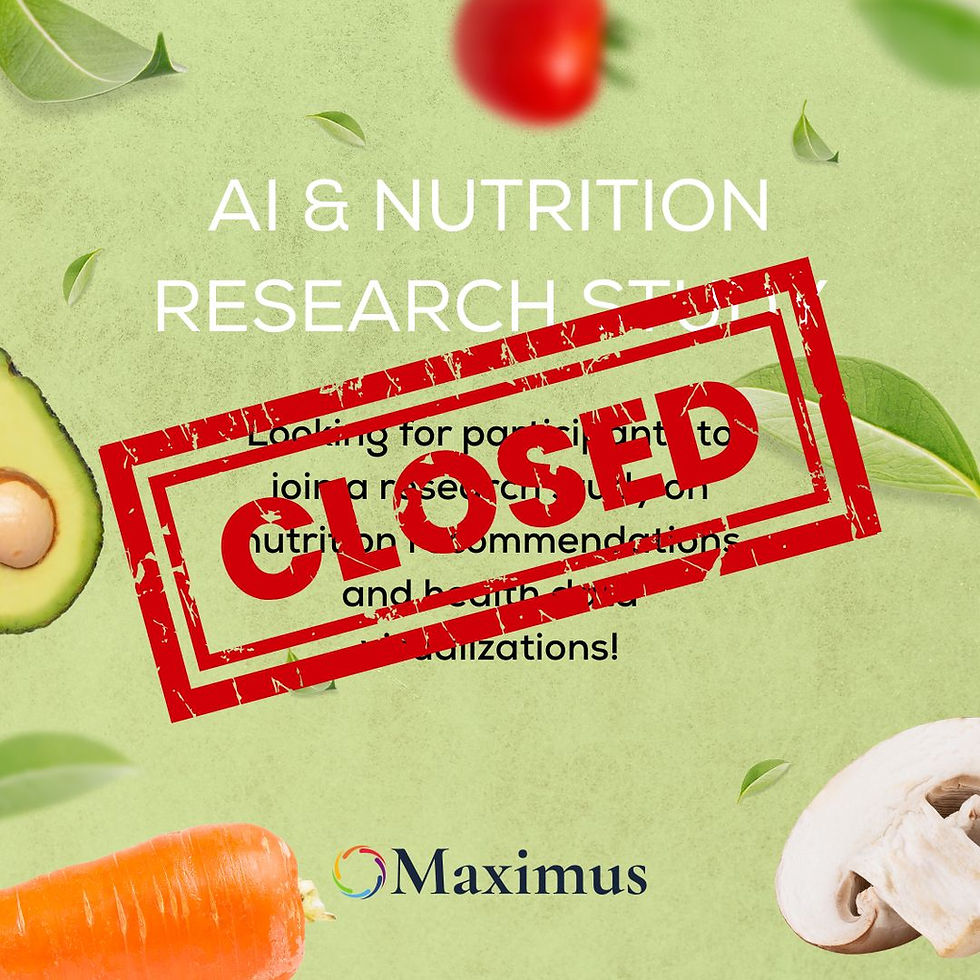 AI nutrition study announcement with "CLOSED" stamped in red. Avocado, tomato, carrot on green background. Text: Maximus.