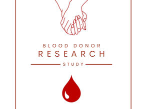 Illustration of two hands holding with "Blood Donor Research Study" text and a red blood drop. Minimalist design, white background.