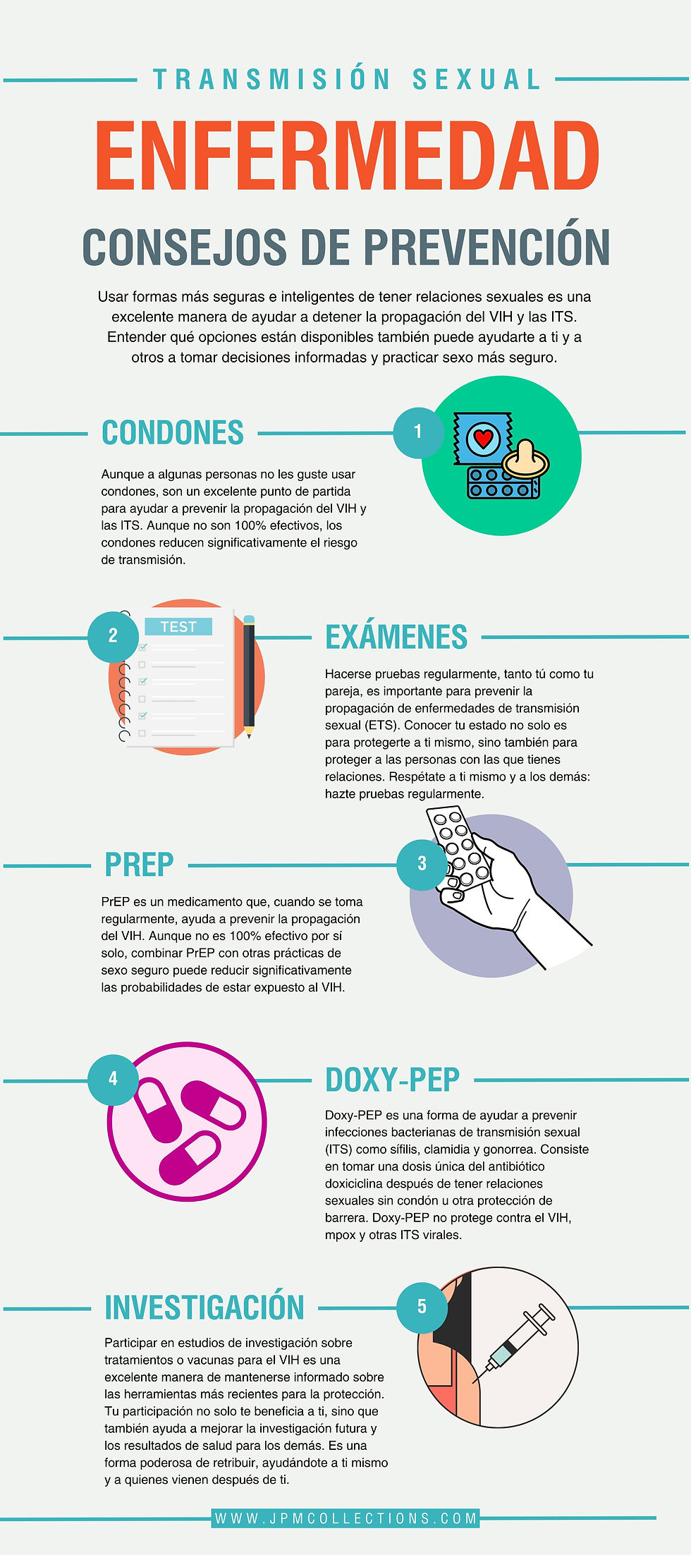 Infografía sobre la prevención de enfermedades de transmisión sexual con consejos sobre condones, pruebas, PrEP, Doxy-PEP e investigación. Incluye iconos brillantes.