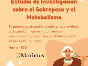Hombre con cabello blanco comiendo ensalada. Texto: "Estudio de Investigación sobre el Sobrepeso y el Metabolismo". Fondo beige y marrón. Logo de Maximus.