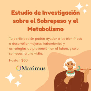 Hombre con cabello blanco comiendo ensalada. Texto: "Estudio de Investigación sobre el Sobrepeso y el Metabolismo". Fondo beige y marrón. Logo de Maximus.