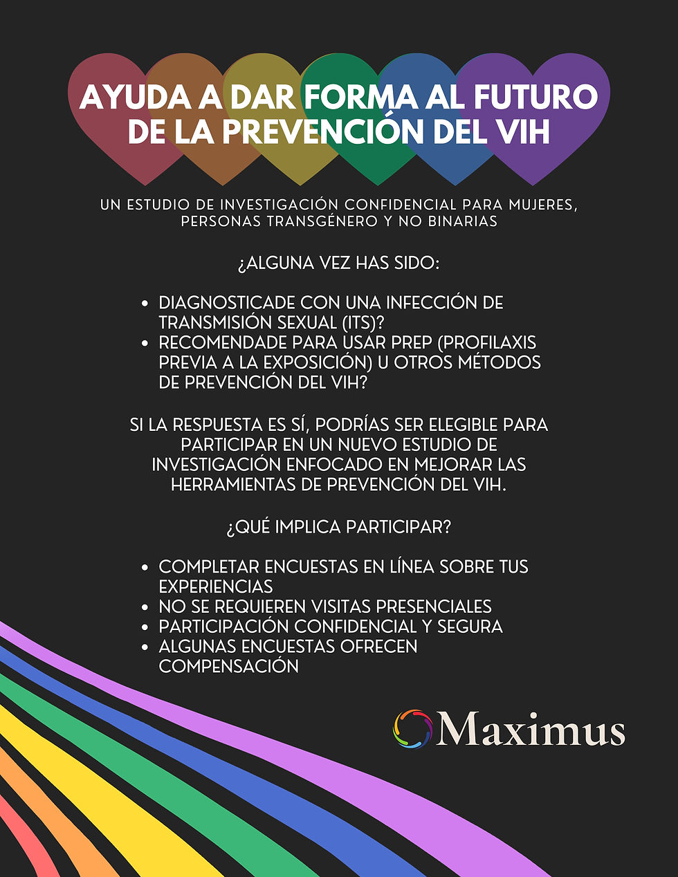 Corazones con el texto "Ayuda a moldear el futuro de la prevención del VIH" sobre fondo negro. Rayas arcoíris y el logotipo de "Maximus" en la parte inferior.