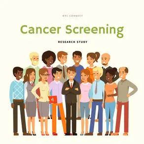 Diverse group of people smiling under "Cancer Screening Research Study" text. Casual attire, various colors, neutral background.