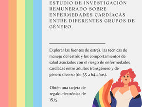 Anuncio de estudio de investigación sobre enfermedades cardíacas para diversos grupos de género, edades de 35 a 64 años, ofrece una tarjeta de regalo electrónica de \$75. Presenta franjas arcoíris y el logo de Maximus.