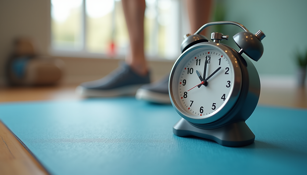 An alarm clock on a blue yoga mat with blurred sneakers in the background. The setting is a brightly lit room with wooden flooring.