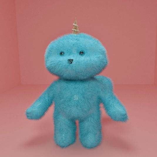 3D rendering of a blue plush bear toy with unicorn horn on pink background, created from client sketch