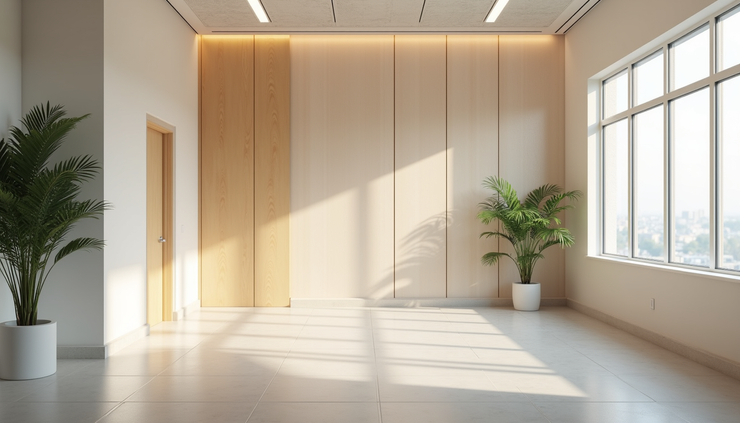High angle view of a wellness center room with acoustic panels and air filtration units