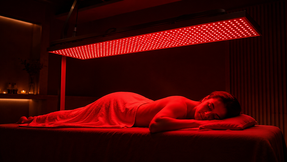 Woman under red light lamp