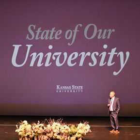 Kansas State University President Richard H. Linton delivers the 2025 State of the University address in McCain Auditorium.