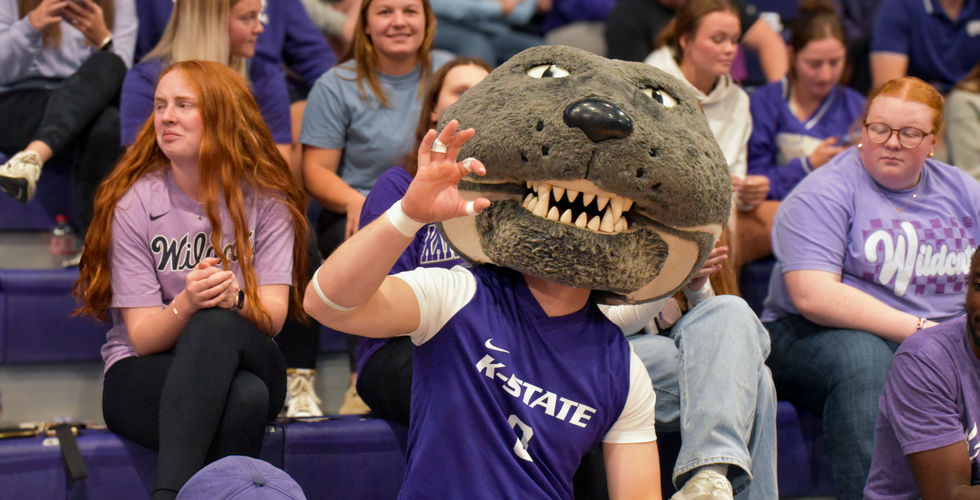 Willie the Wildcat holds up the powercat hand sign and sits on the bench. 