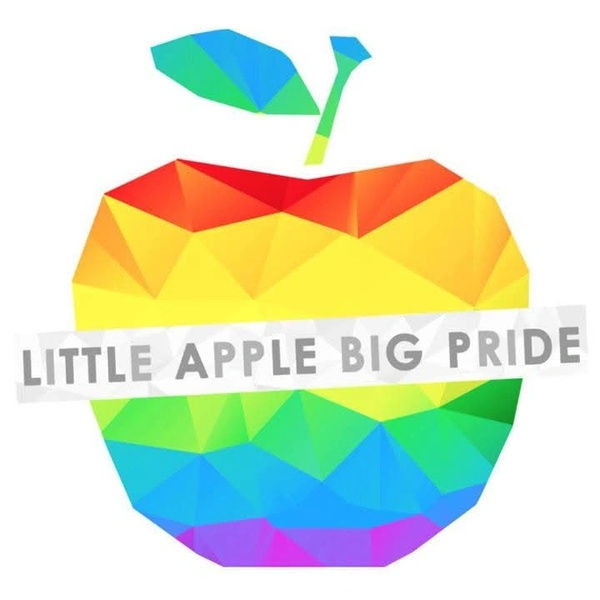 An image of a rainbow-colored geometric apple with the text "LITTLE APPLE BIG PRIDE," symbolizing celebration and inclusivity.