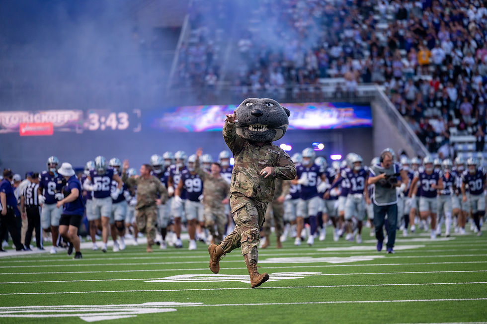 Willie the WIldcat dressed in camouflage, points to the crowd.