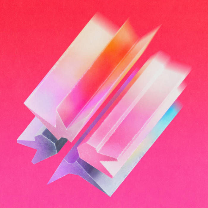 The album cover of "silence outlives the earth" features a vibrant, abstract design of geometric shapes in a gradient of pink, orange, and purple hues, set against a bold magenta background.