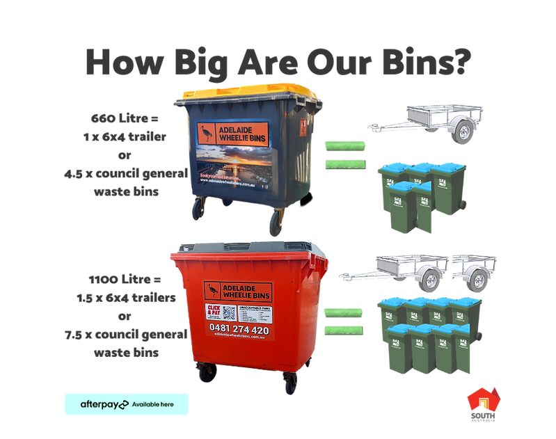 Comparing 660 litre and 1100 litre wheelie bins to Adelaide trailer bins in Sefton Park, SA