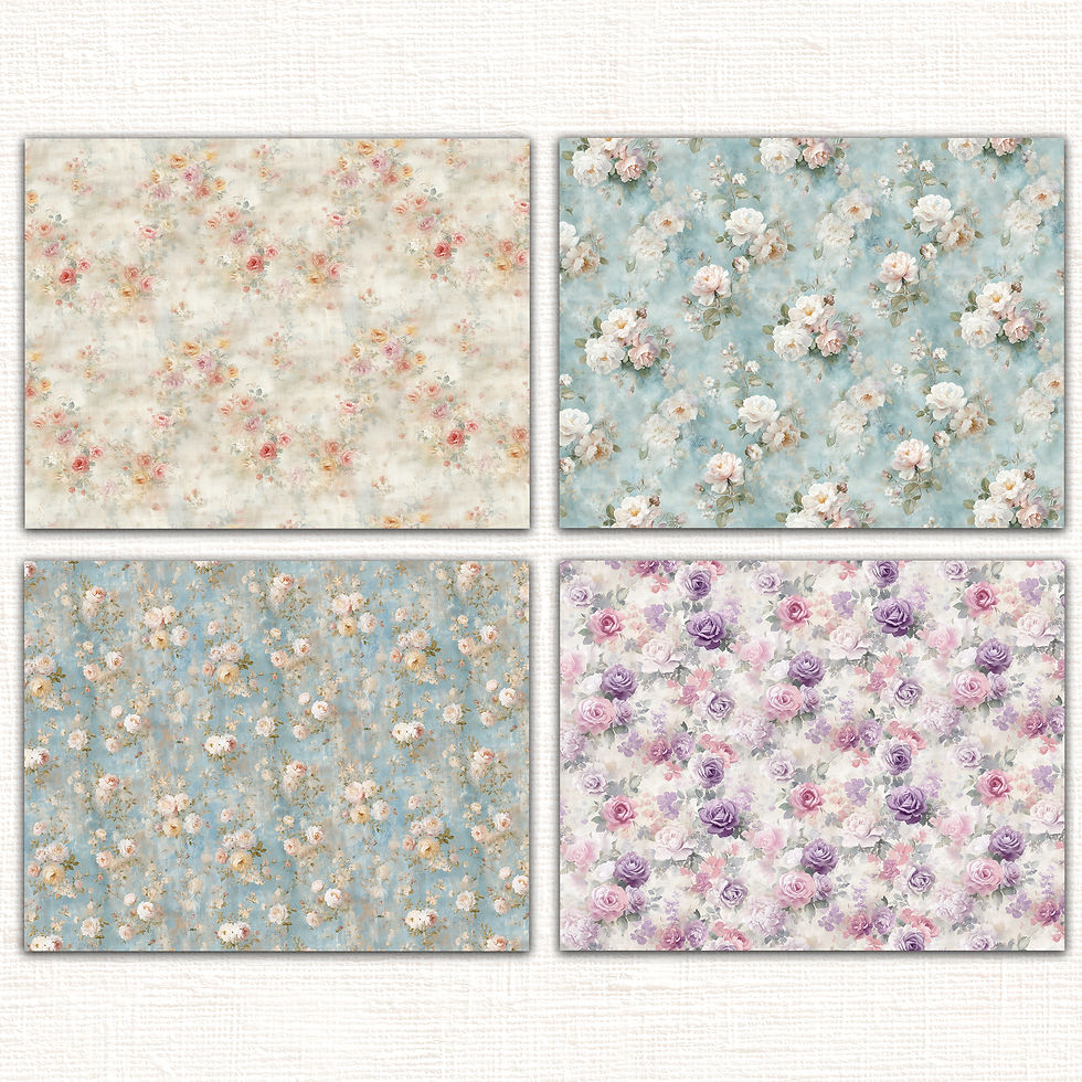 Thumbnail: Previews of coordinating printable paper with soft blue and purple rose motifs and weathered, vintage-style floral background