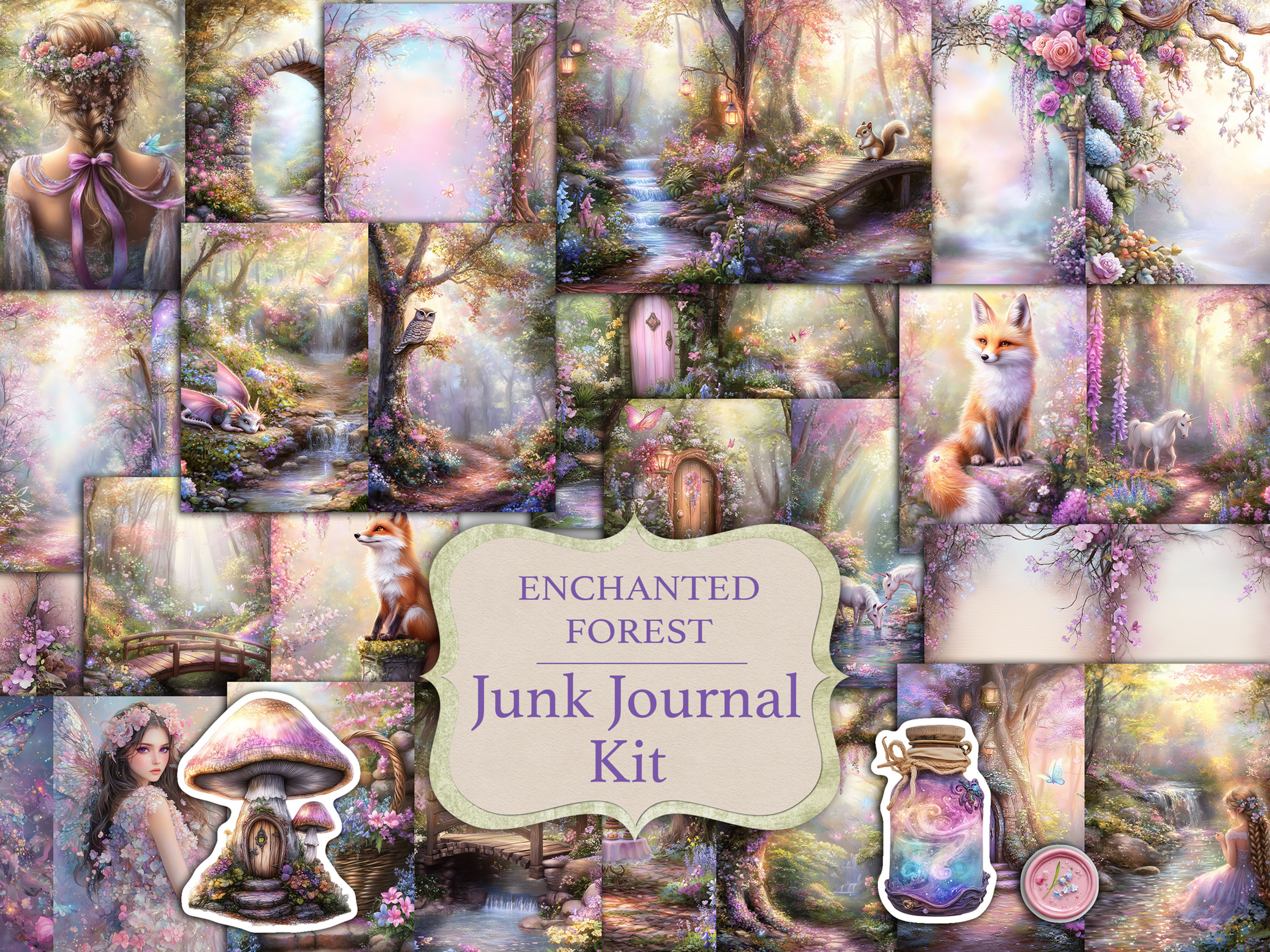 Enchanted Forest Junk Journal Kit with Fairies, Unicorns and Magical Animals