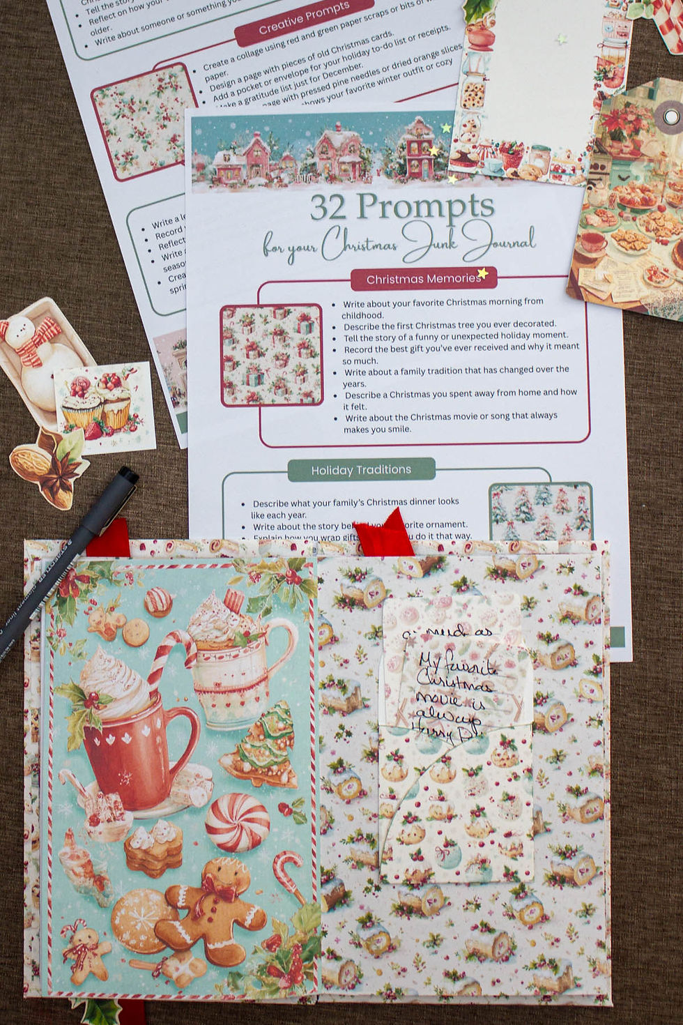 Christmas junk journal open to a page with a pocket and handwritten cards, arranged with a list of prompts and fussy cuts.