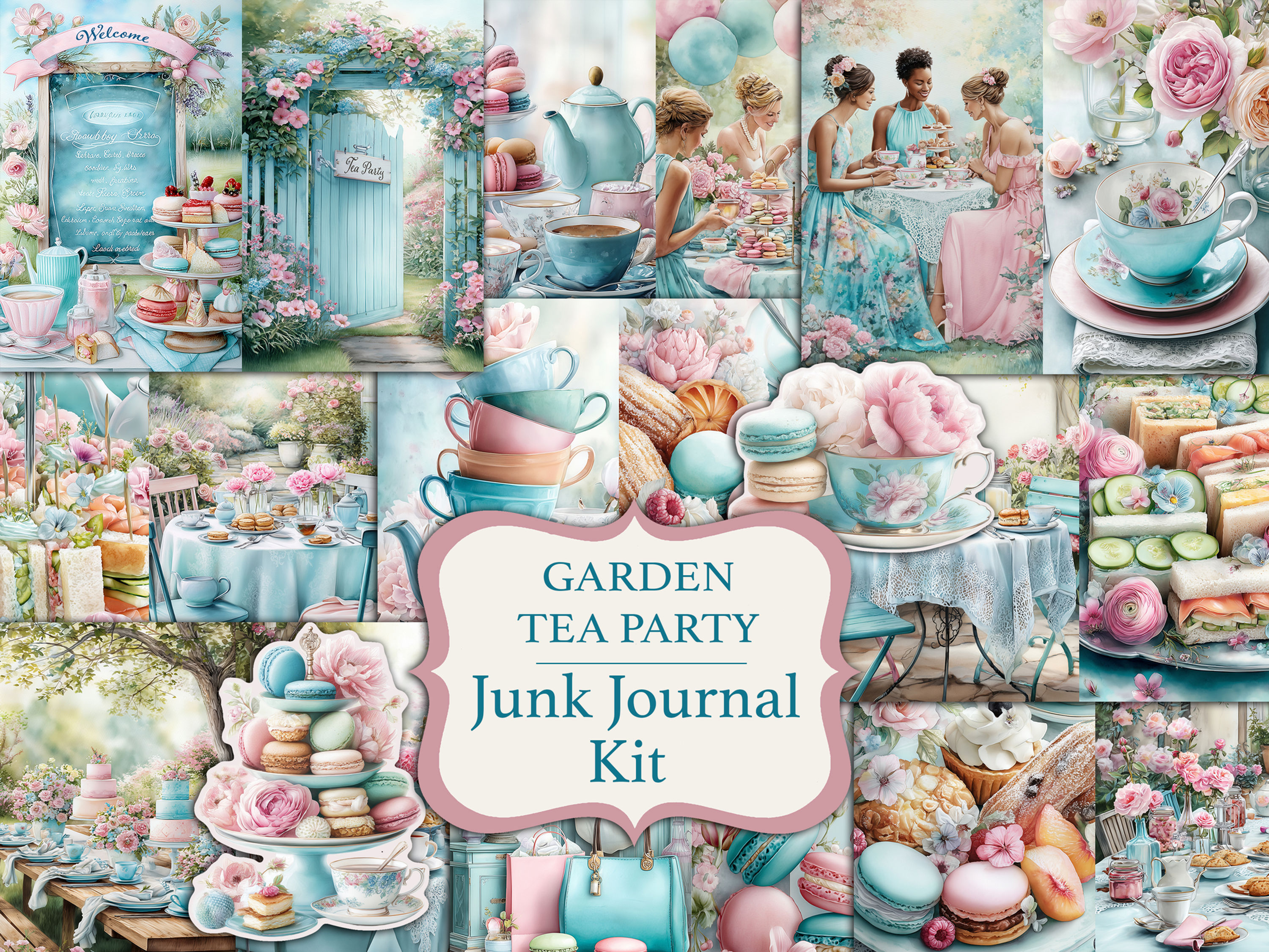 Elegant Tea Party Junk Journal Kit with Pastries and Garden Roses