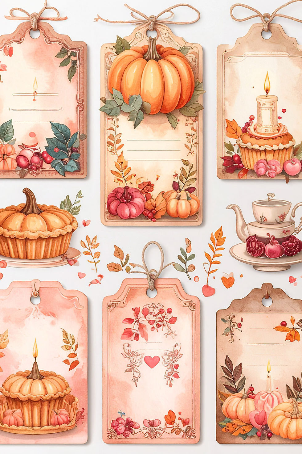 Illustration of Thanksgiving ephemera including vintage tags, pumpkins and fall leaves for collage inspiration.