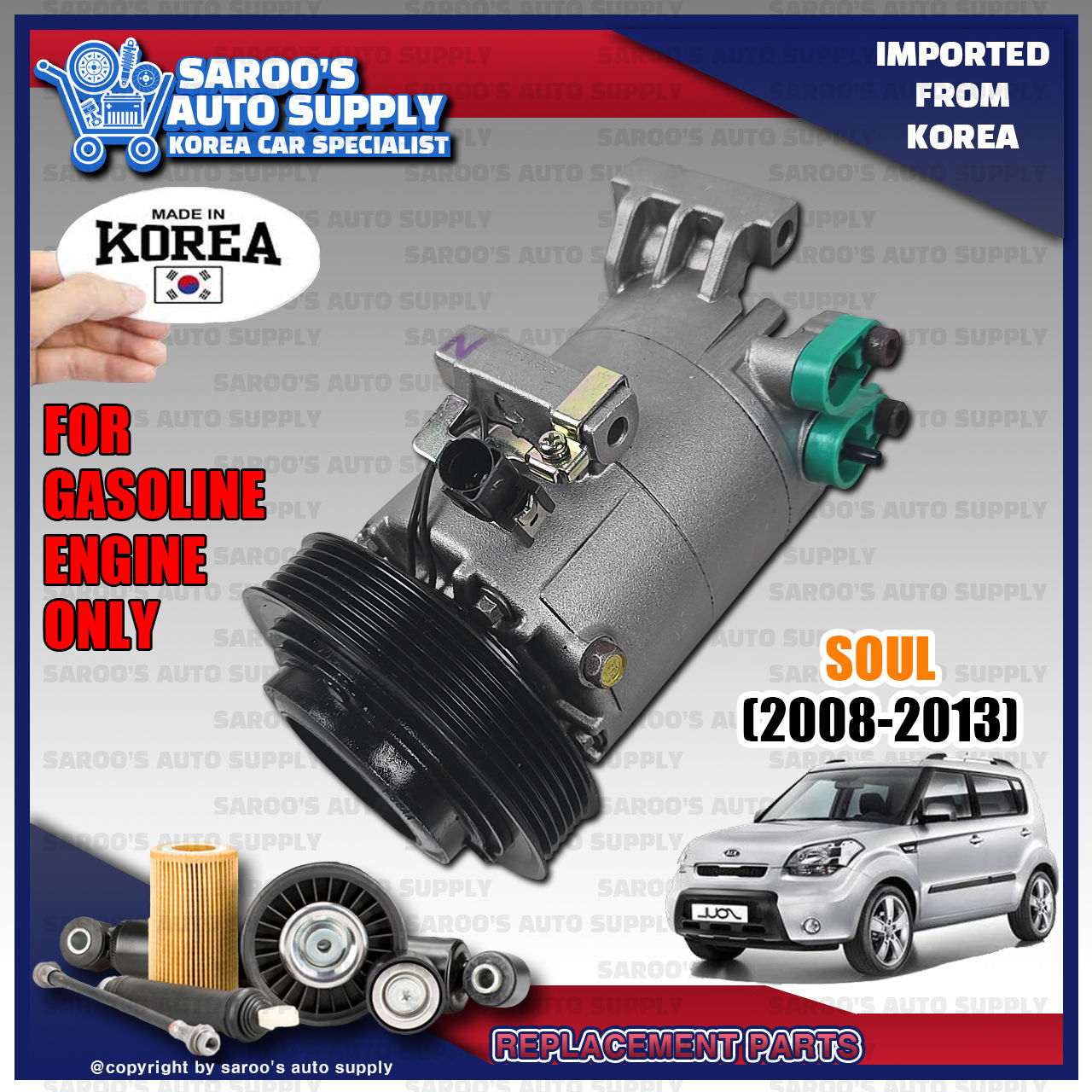 [Gas] Aircon Compressor For Soul (08-13)/97701-3X000 , 97701-2K000 97701-2K001