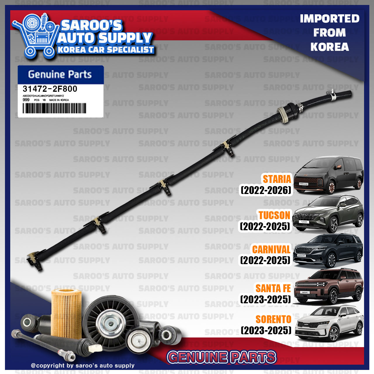 Fuel Return Hose/Tucson , Santa Fe, Sorento , Carnival , Staria , 31472-2F800