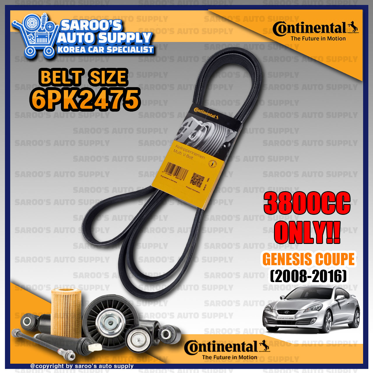 Drive Belt / Fan Belt /Genesis Coupe (08-16), 3800cc,6PK2475 , 25212-3C100