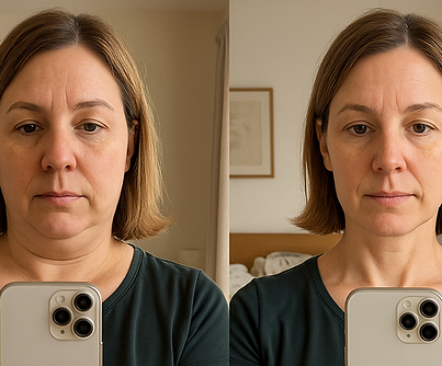 Céline Résultat avant/après cryolipolyse médicale du double menton – profil affiné et peau raffermie.