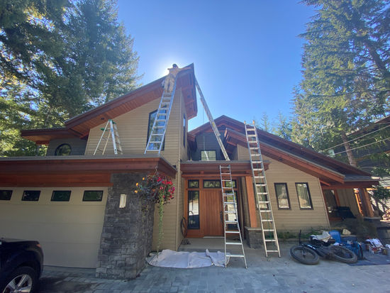 Exterior wood staining and refinishing. Exterior painting Whistler. Siding, fascia, window trim, soffits