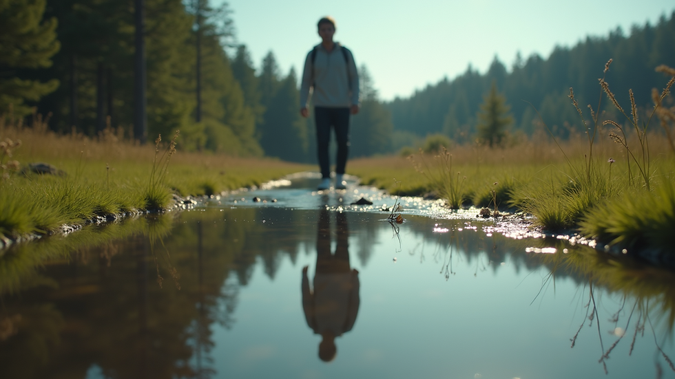 Eye-level view of a person reflecting in nature